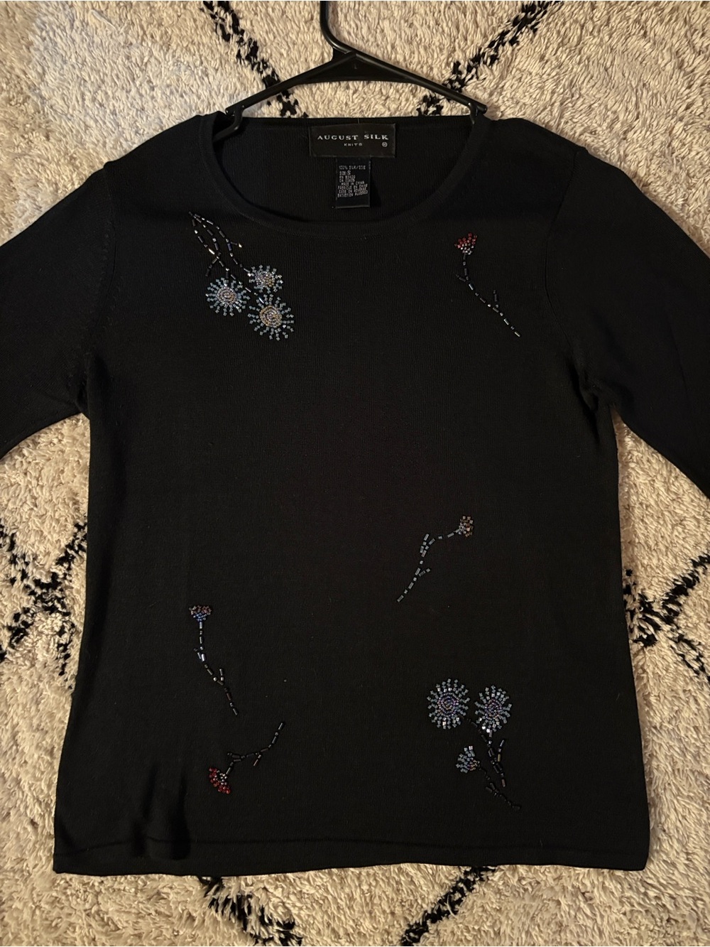 august silk Black Knit Crewneck Sweater with Embroidered Flowers Womens Small